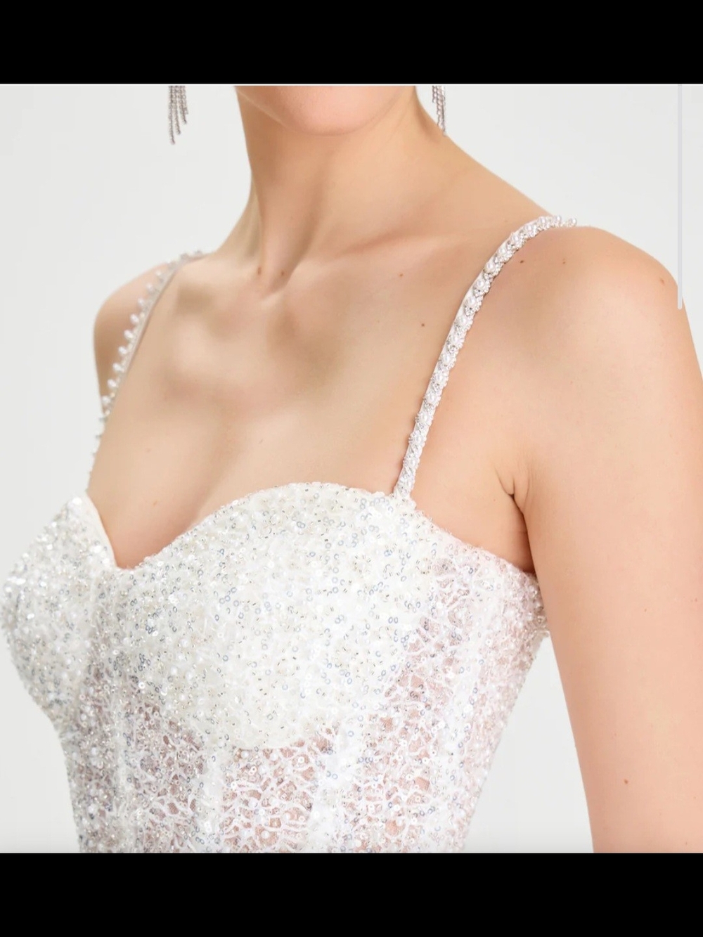 NADINE MERABI White Beaded Strapless-Inspired Corset Dress with Spaghetti Straps - Picture 3 of 8